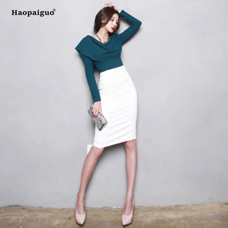 

2 Piece Set Women Autumn Plus Size Blue Full Sleeve V-neck Office Casual Top and Knee-length White Work Club OL Skirt Ladies