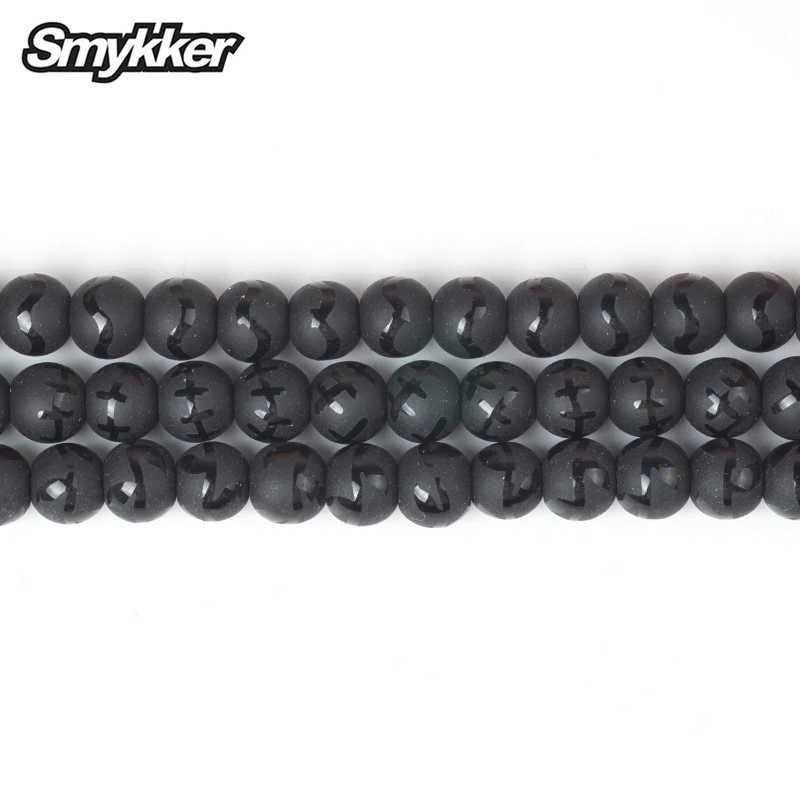 

Natural Black Matte Agate Printing Wave Stripe Stone Fish Bone Bead Leaf Baseball Musical Note Pattern Round Onyx Loose Bead 8mm