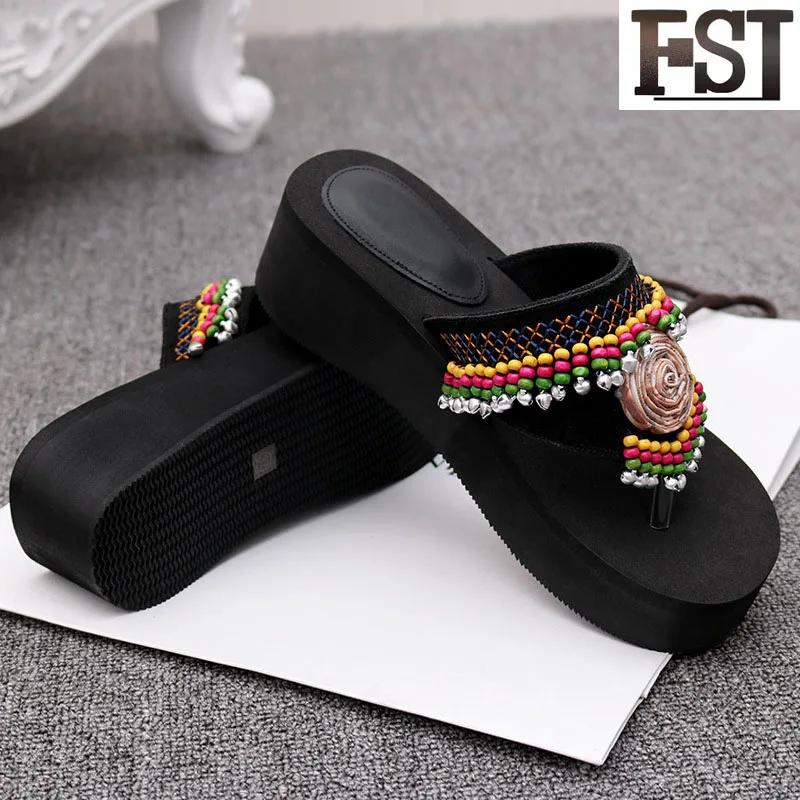 

FSJ Beach Slippers Genuine Leather Ladies Cow Leather Black Solid Summer Flower Slides Size 40 Synthetic Heel Outside Fashion