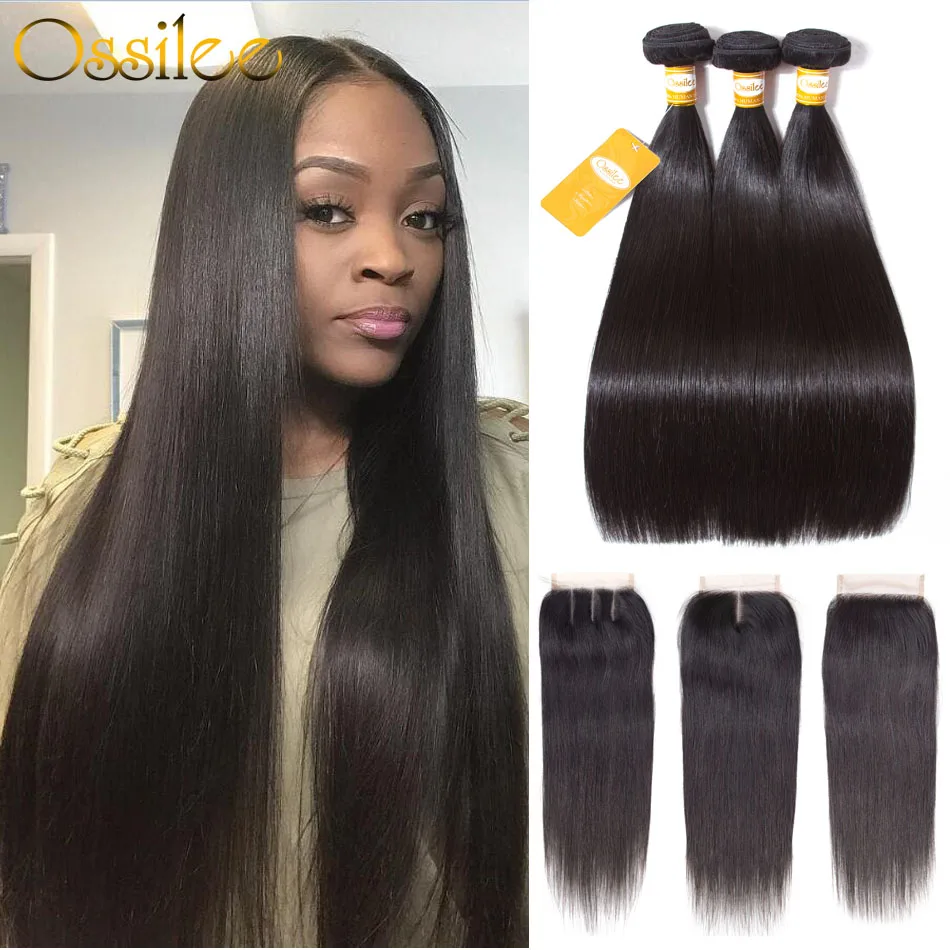 preço Ossilee Reta Pacotes com Fecho de Cabelo Humano Pacotes com Fecho de Cabelo Não Remy 3 Cabelo Peruano Pacotes com Fecho de Rendas