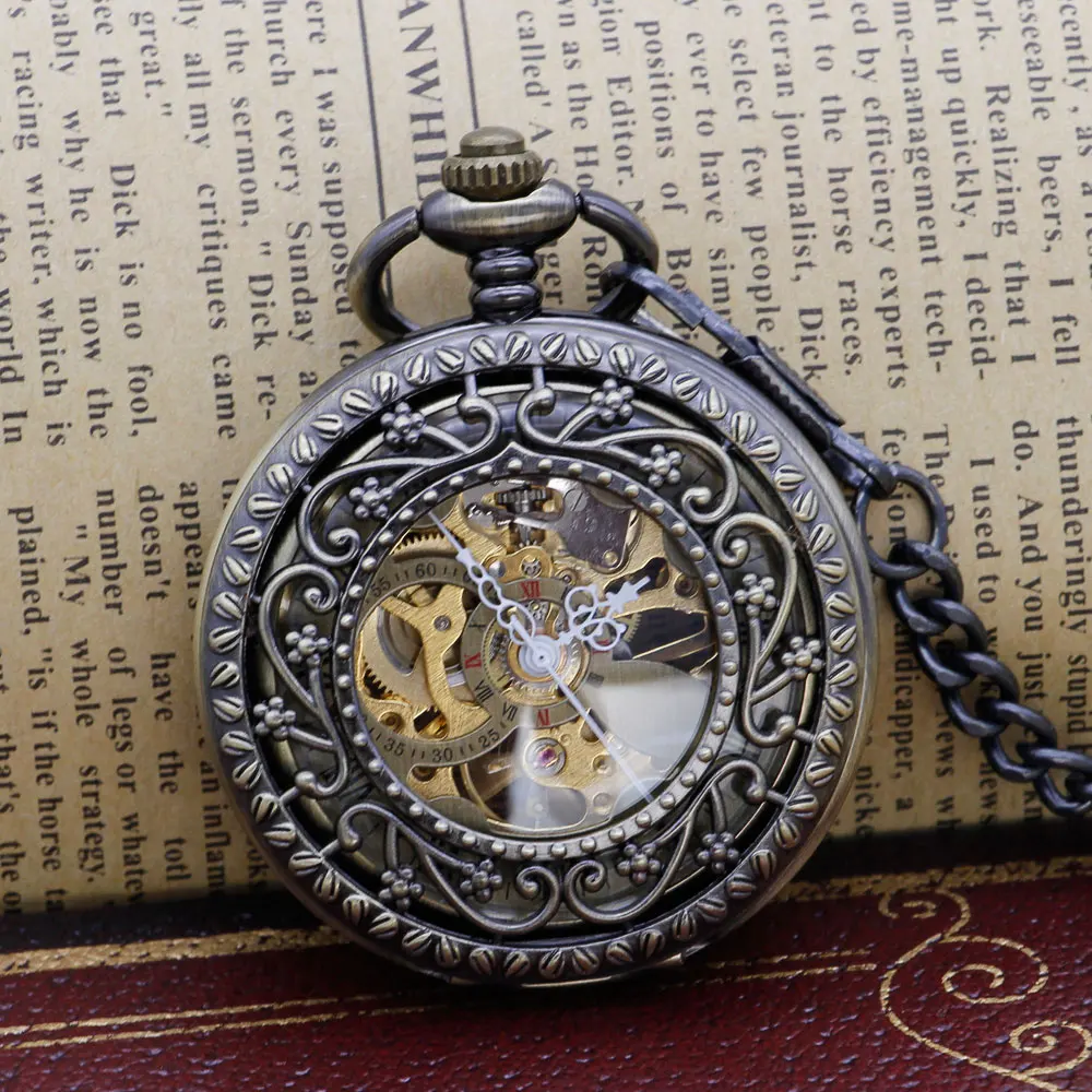 

Vintage Steampunk Black Skeleton Mechanical Pocket Watch Chain Necklace Pocket & Fob Gift for Men Women PJX1313