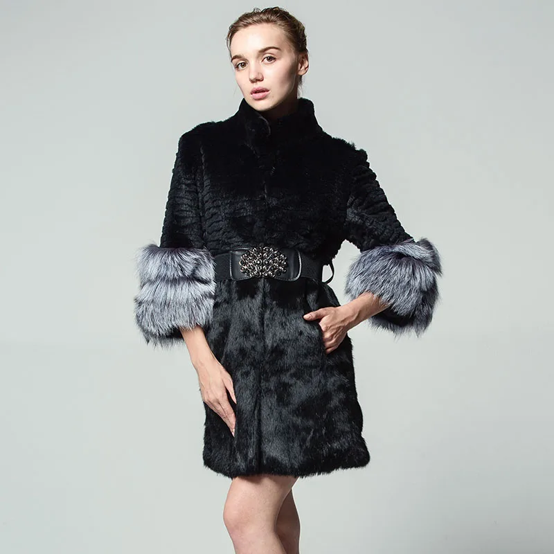 Skutečné králičí kožich pruhy módní móda fox manžeta s pásem Pocket Kožešinové oblečení zimní žena Ruská 5XL sedmibodový rukáv kabát