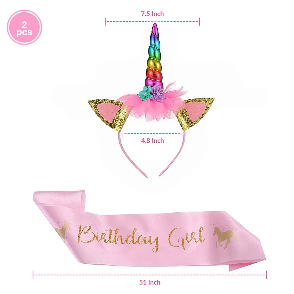 Набор принадлежностей для дня рождения с единорогом, Золотая повязка на голову с единорогом для девочек, Розовая атласная лента, латексные шарики для дня рождения - Цвет: kit 3