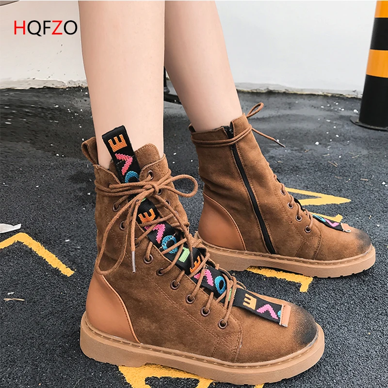 HQFZO Women Boots Fashion Martin Boots Ankle Boots Autumn Women Shoes Suede Leather Boots Round Toe Lace Up Work Safety Shoes