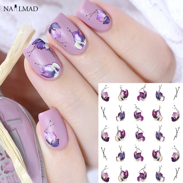 1pc Gradient Rose Flower Nail Decals Purple Lotus Manicure Gel