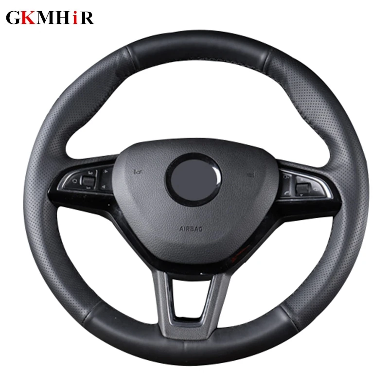 

Black Artificial Leather Car Steering Wheel Cover for Skoda Octavia 2017 Fabia 2016 2017 Rapid Spaceback 2016 Superb (3-Spoke)