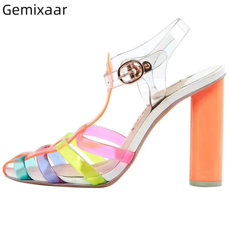 

Rainbow PVC Sandals Shoes Women Pointed Toe Ankle Buckle Footwear Comfy Orange High Chunky Heel Sweety Colorful Sandals Woman