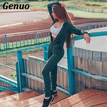

Genuo Tracksuit Women long sleeve skinny jumpsuit Autumn Winter women fashion green zipper hooded bodysuit rompers sportwear