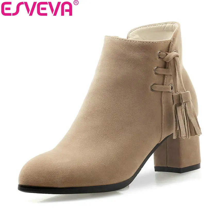 

ESVEVA 2019 Woman Shoes Fringe Leather Boots Ankle Boots Pointed Toe Square High Heels Zip Boots Handmade Shoes Woman Size 34-43