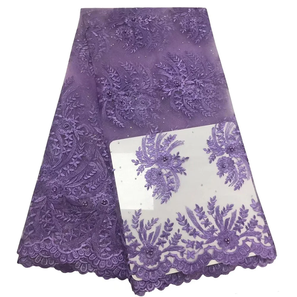 

Hot Sale Purple Nigerian Lace Fabrics High Quality African Lace Fabric With Beads African Wedding French Net Lace Fabric 5 Yards