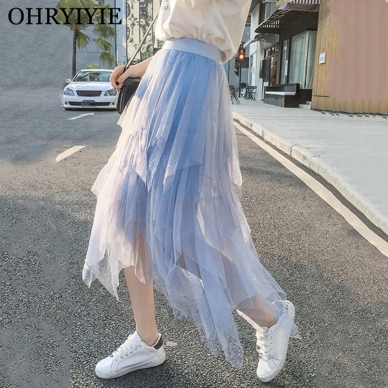 

OHRYIYIE Spring Summer Tulle Skirts Women 2019 Casual Long Skirt Female High Waist Sun Fluffy Tutu Skirt Jupe Longue Femme WS240
