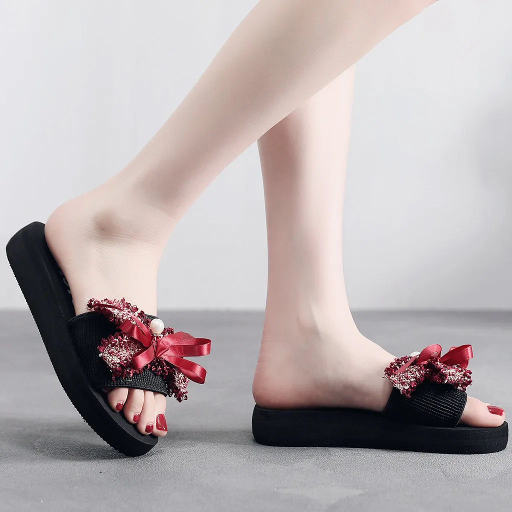 

SAGACE Sandals Summer 2019 Women's Word Drag Casual Sandals Non-Slip Wild Flowers Wedges Beach Shoes Platform Black Comfy June3