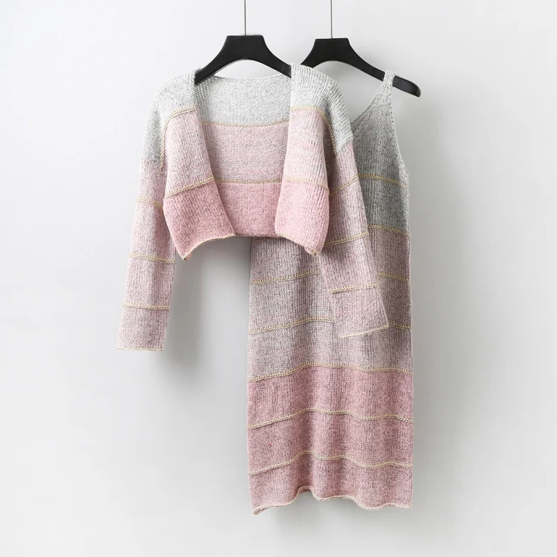 

2019 New Autumn Women's Loose Long Sleeve Short Knitted Cardigan Coat + Sleeveless Sweater Dress Two-piece Female Dress Set