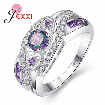 

New Fashion Cheap Price Women Wedding Party 925 Sterling Silver Jewelry Round Heart Crystals Multi color CZ Rings For Sale