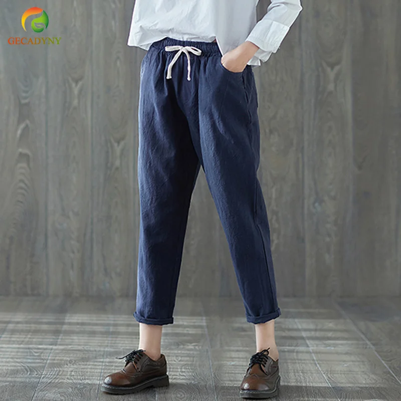 

High Quality Women Pants 2019 Spring & Autumn Vintage Women's Fluid Solid Linen Pants Loose Trousers Female Harem Pants 3 Colors