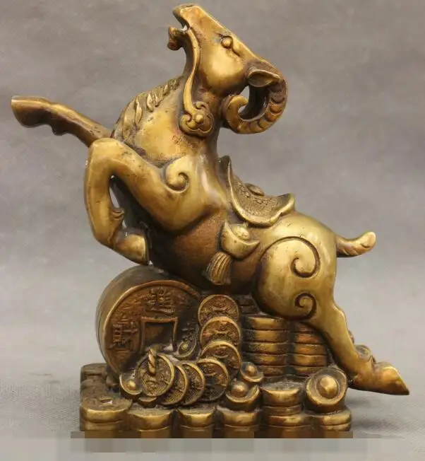 

S01163 Folk Chinese Bronze Copper Year Zodiac Wealth YuanBao Coin Up Ram Sheep Statue B0403
