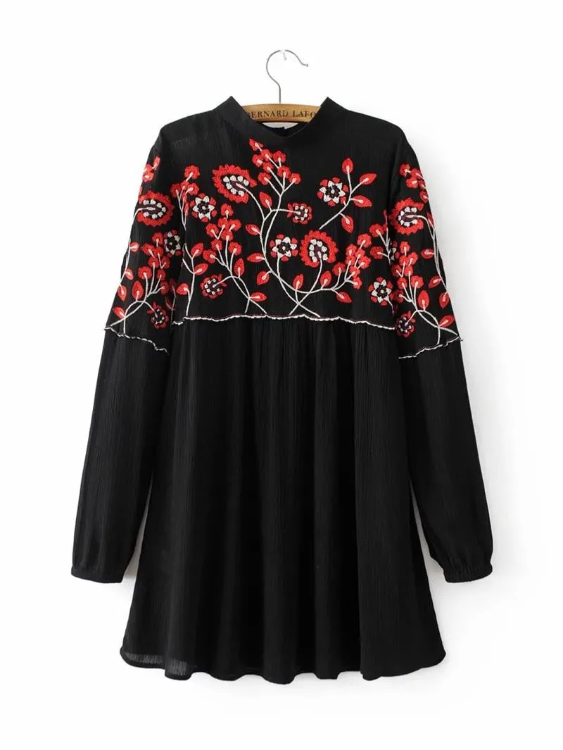 Винтажное платье с цветочной вышивкой, женские Мини плиссированные шифоновые платья со стоячим воротником и длинным рукавом, черные Брендовые платья SYJZ0895