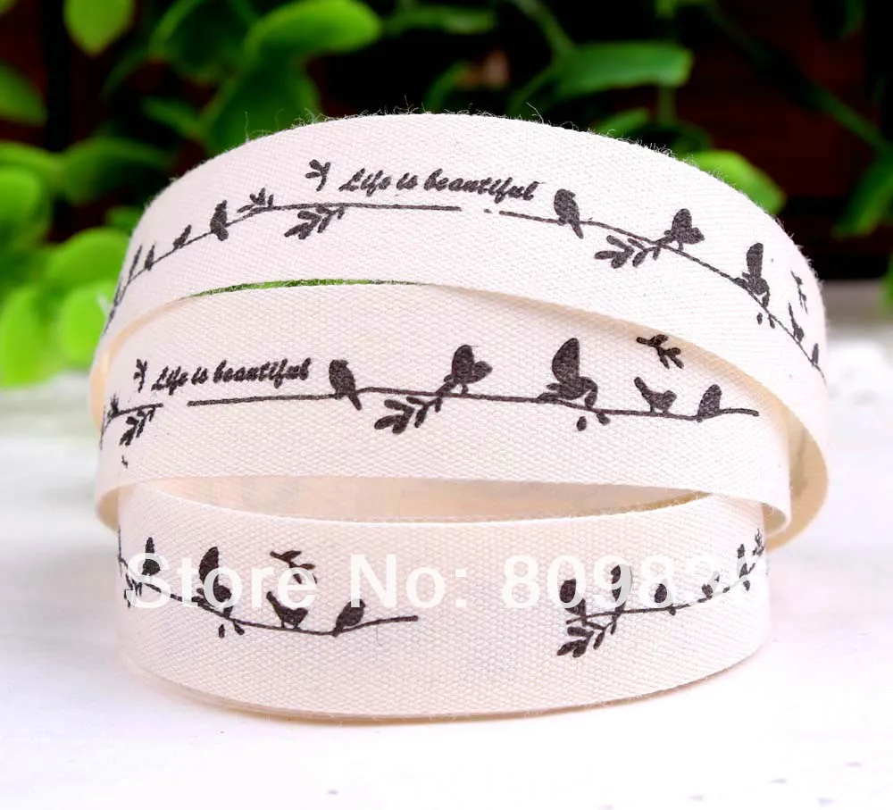

5yrd/lot Width:15mm ZAKKA cotton ribbon Printing bird life is beautiful sewing labels fabric printing ribbon for DIY(ss-51)