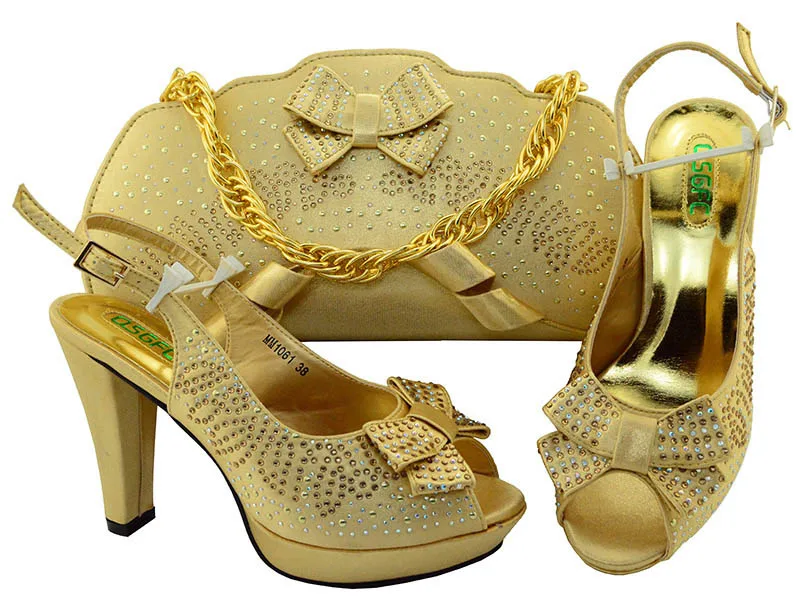 

QSGFC New Ladies Italian Shoes And Bag Set Gold Color African Shoes And Matching Bags Nigerian Wedding Shoes And Bag