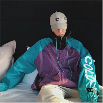 

Spring Autumn New Stitching Color Hooded Couple Loose Casual Fashion Male Hip Hop Dress Military Men Jacket