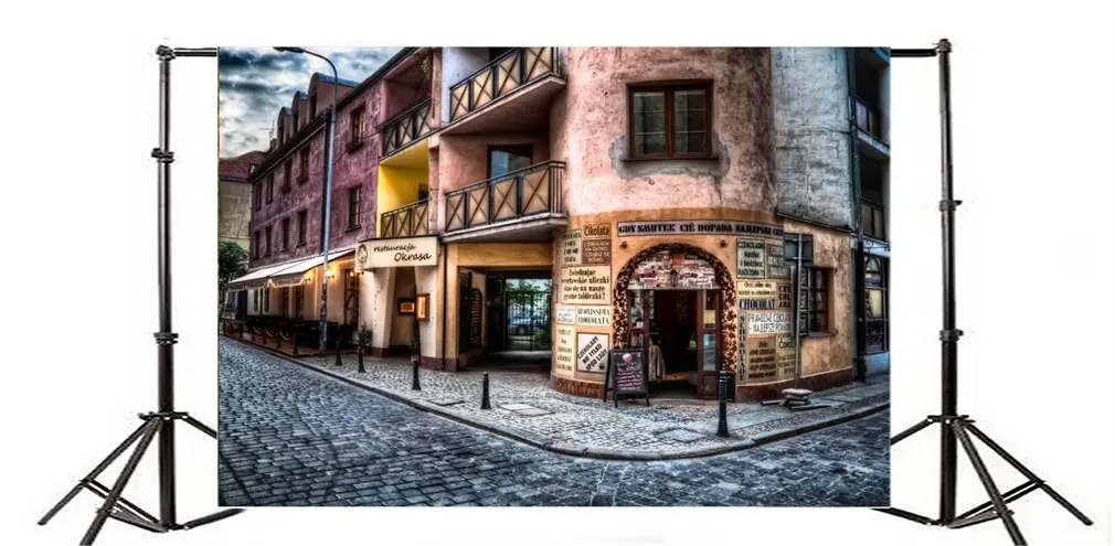 Photography Backdrop Shabby Chic Retro European Archiculture Street Road Lamp Building House Shop Brick Nature | Электроника