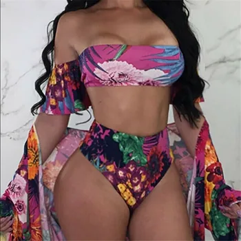 

Women High Waist Swimwear 2019 Sexy Short Sleeve Bikini Set Push-up Bathing Suit Vintage Floral Printing Women's Swimming Suit