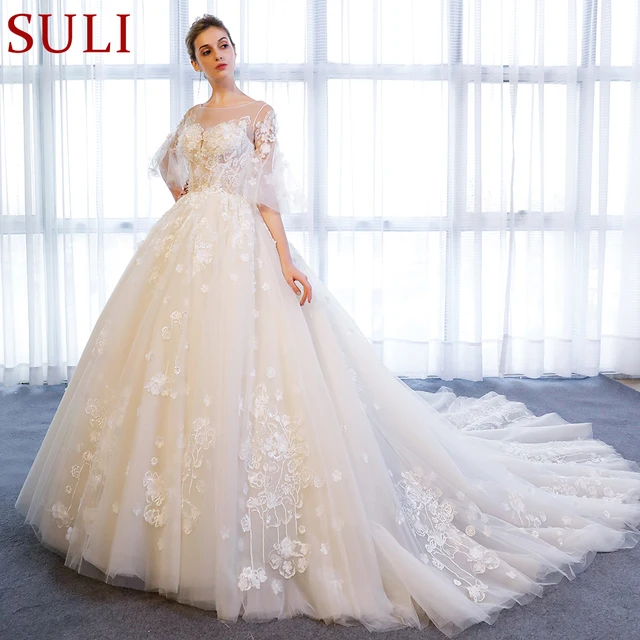 SL-801 China Half Illusion Sleeve Bridal Dresses 3D Floral Applique Lace Wedding Gown 2018 3