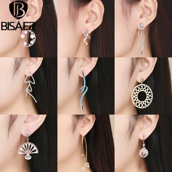 

BISAER Hyperbole Geometric Line Women Earrings Silver Color Clear Cubic Zircon Long Small Stud Earrings Fashion Earrings Jewelry