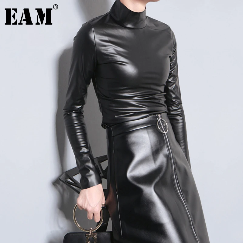 [EAM] New Spring Autumn PU Leather Turtleneck Long Sleeve Simple Temperament T-shirt Women Fashion Tide All-match JY933