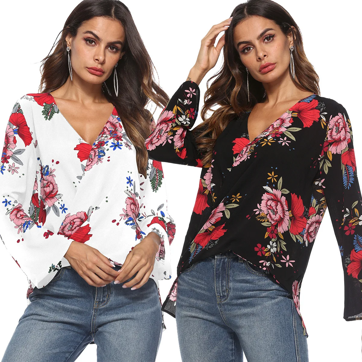 

Tissbely 2018 Autumn New Women's Sexy V-Neck Long Sleeved Printed Chiffon Shirt Printing Flowers