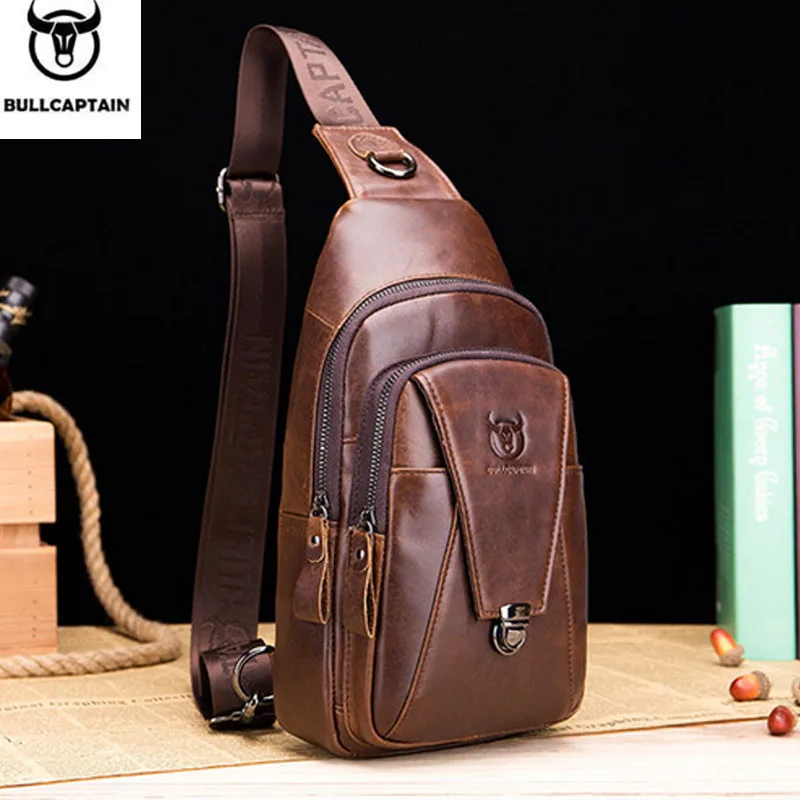 

BULL CAPTAIN New Men Genuine Leather Crossbody Bags Cowhide Casual Riding Sling Shoulder Messenger Bag Chest Day Back Pack