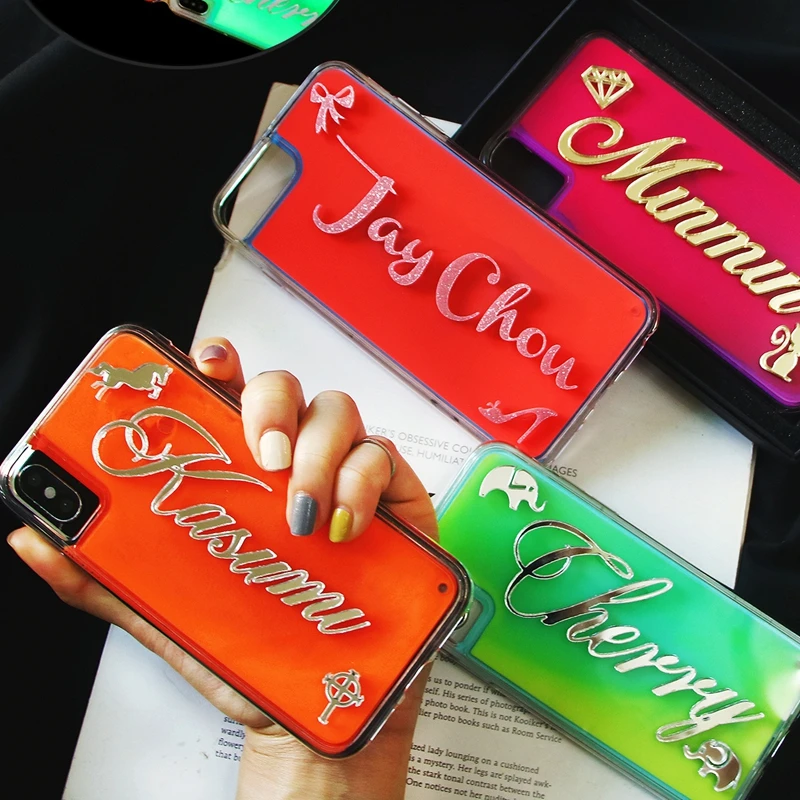 

For iphone 7 8 plus X XS MAX XR Custom Name glow in the dark luminous liquid glitter phone case cover for iphone xsmax