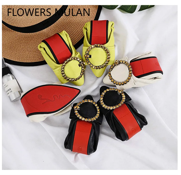 

Black White Yellow Soft Leather Loafers Women Pointed Toe Durable Rubber Heel Shoes Woman Slip On Round Crystal Buckle Designers