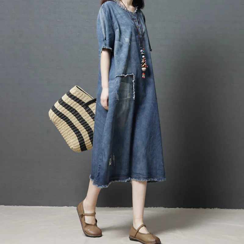 

Johnature Women Denim Dress Korean Style Blue Vintage 2019 Summer New O-Neck Patchwork Women Cloths Casual Dress Loose