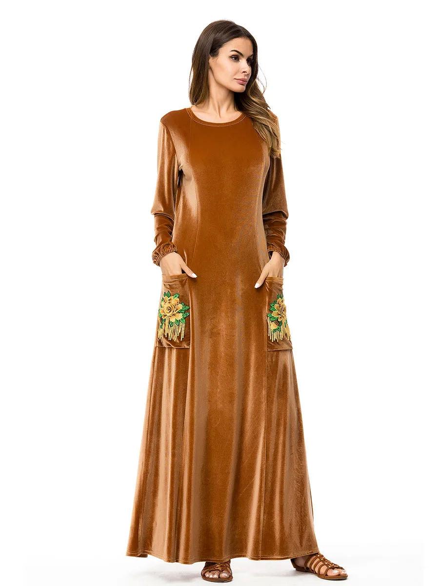 Мусульманские женщины с длинными рукавами бархатные вышивка Дубай платье макси Абая jalabiya Исламская одежда для женщин одеяние кафтан