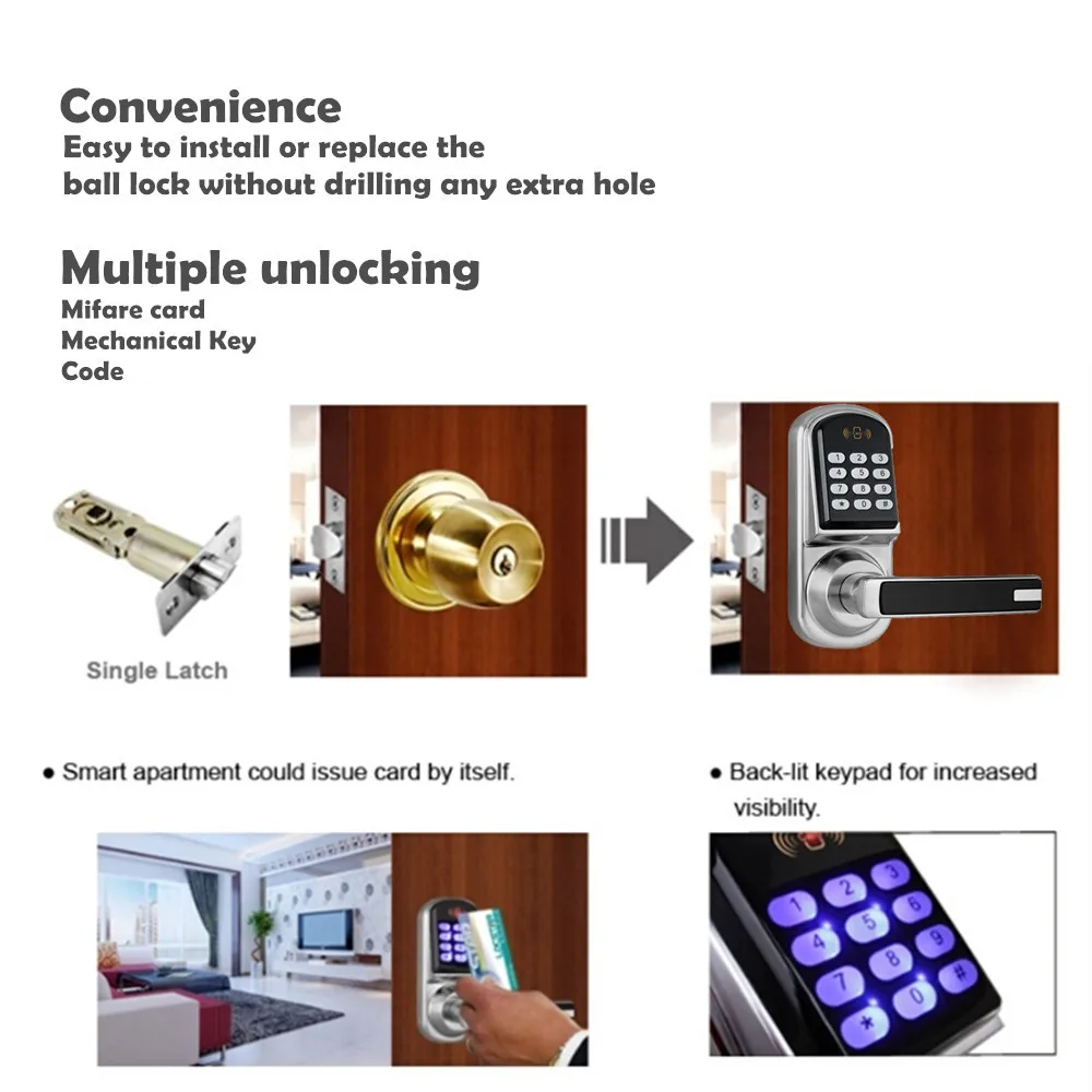Keyless цифровой RFID смарт-вход замок, IC карты с резервным ключом разблокировки, для дома и квартиры
