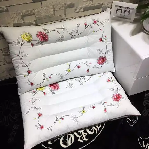 

1Pcs 48*74cm Rose flower Embroidery Feather Pillow Rectangle Bedding Pillows Down-proof Cotton fabric Soft Pillow