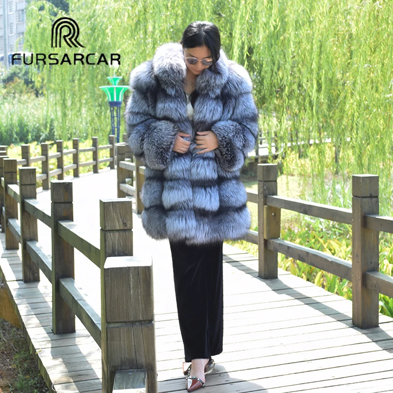 

FURSARCAR 80 CM Long Women Real Fox Fur Coats With Fur Hood Luxury Silver Fox Fur Jacket 2018 New Winter Fashion Fur Coat