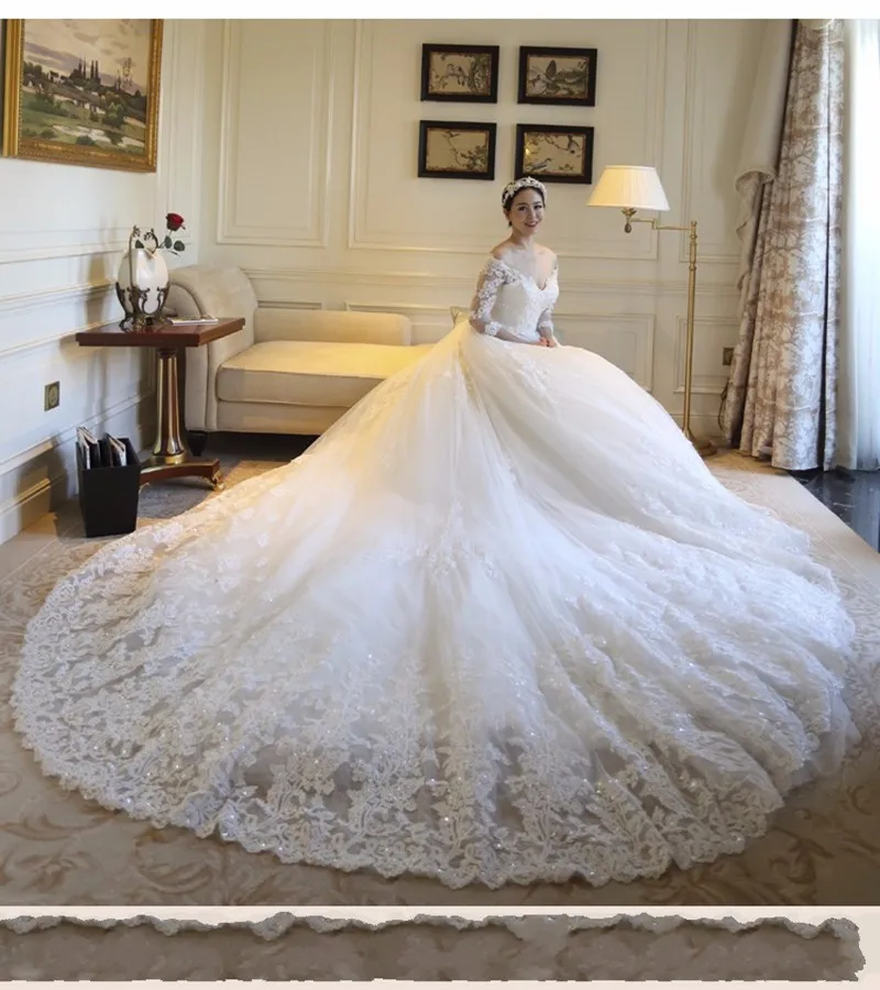 Плюс Размеры v-образным вырезом Половина рукава собор/Королевский свадебное платье 2018 роскошный длинный шлейф Аппликации Свадебные платья