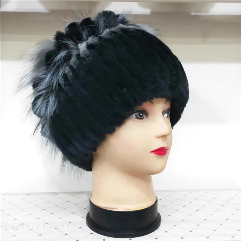 

2019 New promotion autumn and winter rabbit fur hat women's knitted Rabbit fur Hat fox fur flower Warm casual ladies Hat
