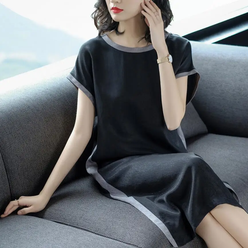 2018 Summer New Style Simple Fashion  Stripes Soft 100% Real Silk Straight Dress Female Casual Loose Short Sleeve Dress