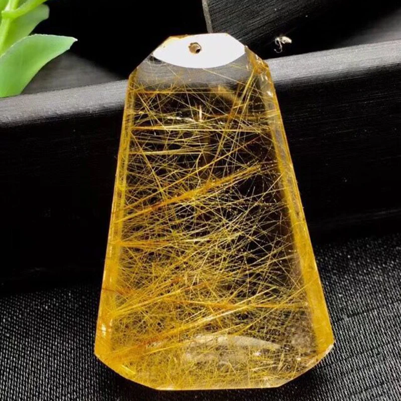 

Rutilated Quartz Natural Crystal Pendant Hand Carved Trapezoid Pendant Sweater Chain Necklace Luck for Men Women Crystal Jewelry
