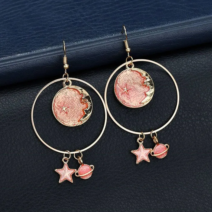 Style 2 Новые модные голубые космические вселенные серьги в виде Луны и звезды для женщин золотого цвета Вселенная планета круг Асимметричные Длинные Серьги - Окраска металла: Style 2