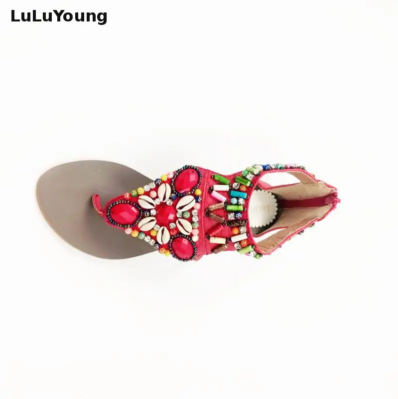 

bohemia shell rhinestone colorful beaded sparkling diamond pinch flat sandals women shoes