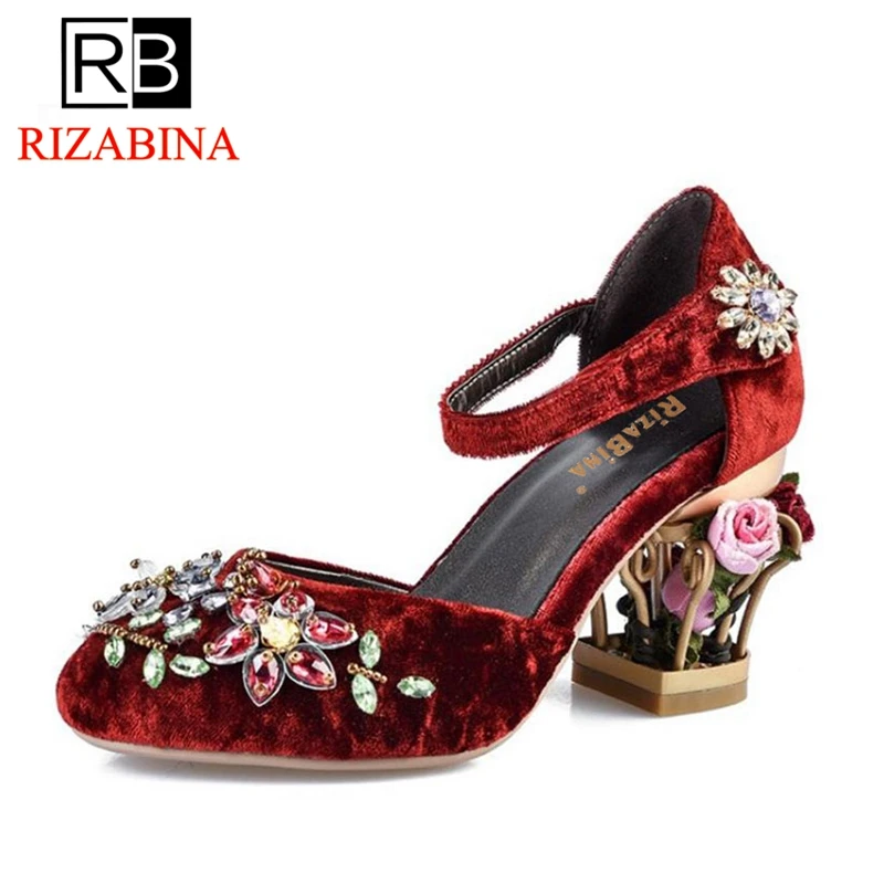 

RizaBina Size 33-41 High Heels Sandals Ankle Strap Crystal Beading Flowers Shoes Women Velvet Party Wedding Footwea