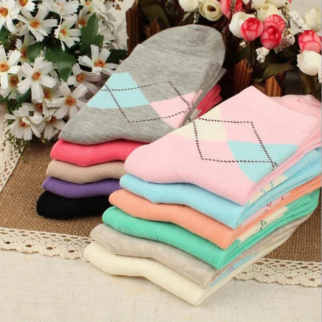 5 Pairs Hot Sale New Fashion Spring Autumn Winter Women Solid Rhombus Color Short Sock Suits For 34-43 Rhombus Wild Cute Socks