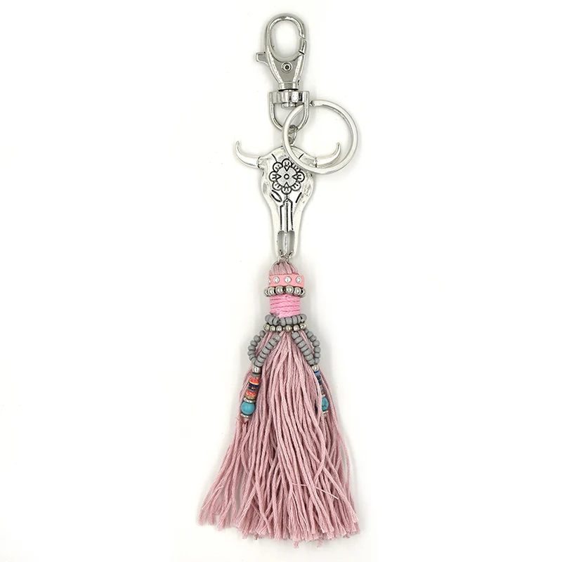 2017 New Fashion car key chains lanyards Key ring key finders cotton tassel buffalo head pendants bag rings bag chain for women