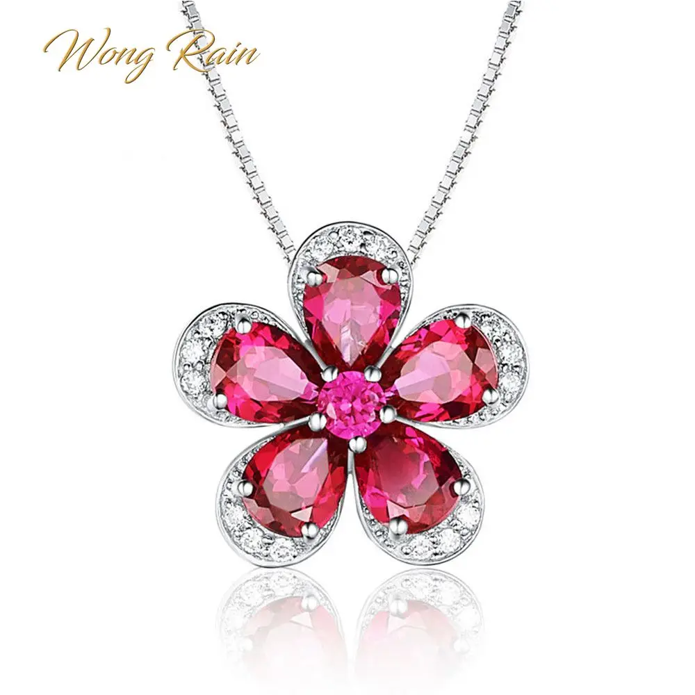 

Wong Rain 100% Vintage 925 Sterling Silver Ruby Gemstone White Gold Flower Plant Pendant Necklace Jewelry Women Gifts Wholesale