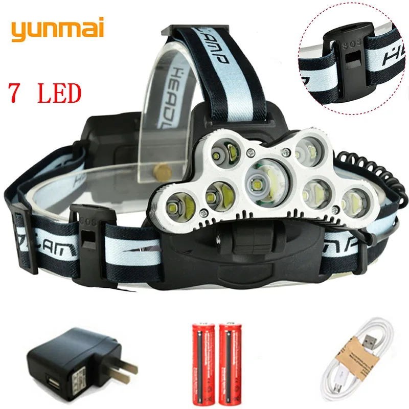 Yunmai USB Перезаряжаемый 7 светодиодный налобный фонарь 5T6 + 2XPE супер мощный микро 6