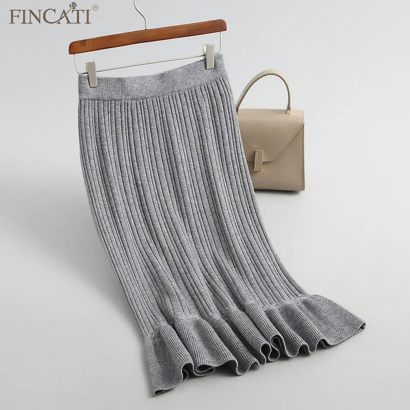 Женская юбка Fincati Осень-Зима вязаная высокая эластичная гофрированная кромка до середины икры однотонная плиссированная юбка цвета Офисная женская Юбка Femme